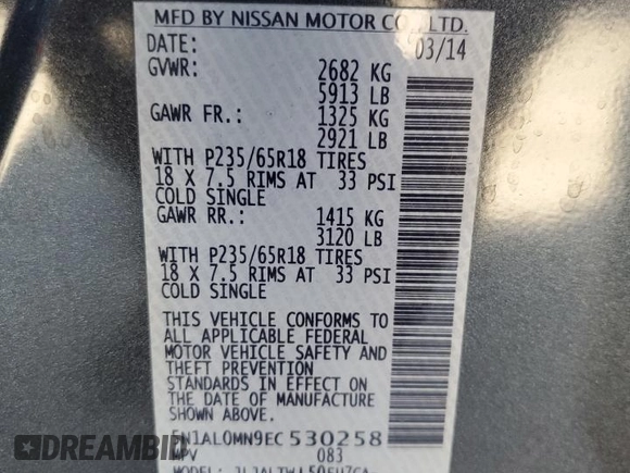 2014 Infiniti QX60 z VIN 5N1AL0MN9EC530258, wystawiony jako Copart lot #57325135 z przebiegiem 109 970 mil mil oraz Szkoda całkowita • Salvage title. Historia ofert i sprzedaży dostępna na DreamBid. Obrazek 14.