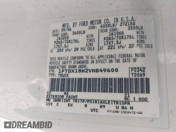 1997 Ford F-150 XL with VIN 1FTDX18W2VNB49600, listed as a IAAI auction lot 40811819 with 252,726 mi miles and . Bid and sale history available at DreamBid. Image 9.