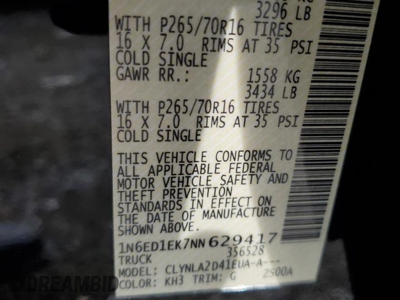 2022 Nissan Frontier S with VIN 1N6ED1EK7NN629417, listed as a Copart auction lot 51870035 with 18,767 mi miles and Salvage title. Bid and sale history available at DreamBid. Image 14.