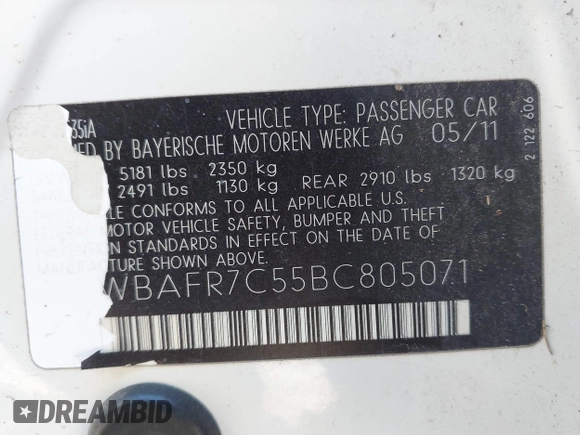 2011 BMW 5 Series 535i with VIN WBAFR7C55BC805071, listed as a IAAI auction lot 42020071 with 205,162 mi miles and . Bid and sale history available at carsss.com. Image 9.