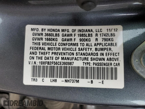 2012 Honda Civic LX z VIN 19XFB2F56CE390987, wystawiony jako Copart lot #56753635 z przebiegiem 81 832 mil mil oraz Szkoda całkowita • Salvage title. Historia ofert i sprzedaży dostępna na DreamBid. Obrazek 13.