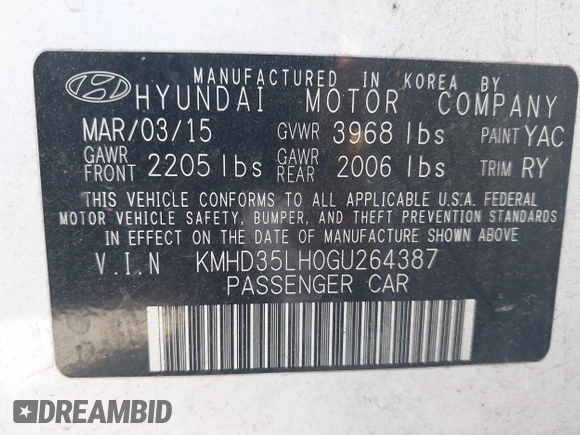 2016 Hyundai Elantra with VIN KMHD35LH0GU264387, listed as a IAAI auction lot 42186675 with 124,423 mi miles and . Bid and sale history available at DreamBid. Image 9.