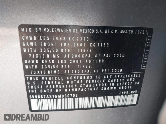 2022 Volkswagen Tiguan SE R-Line Black with VIN 3VV8B7AX7NM030703, listed as a IAAI auction lot 42135974 with 57,116 mi miles and . Bid and sale history available at DreamBid. Image 9.