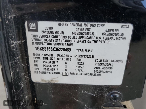 2003 GMC Envoy SLT with VIN 1GKES16SX36220489, listed as a Copart auction lot 71859834 with 148,811 mi miles and Salvage Title. Bid and sale history available at DreamBid. Image 13.