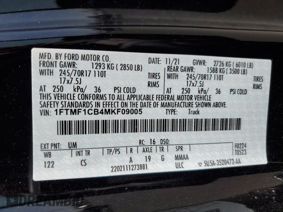 2021 Ford F-150 XL with VIN 1FTMF1CB4MKF09005, listed as a Copart auction lot 53935765 with 52,332 mi miles and Salvage title. Bid and sale history available at DreamBid. Image 12.