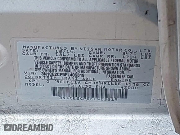 2015 Nissan Note S with VIN 3N1CE2CP5FL405319, listed as a IAAI auction lot 41357912 with 133,073 mi miles and . Bid and sale history available at DreamBid. Image 9.