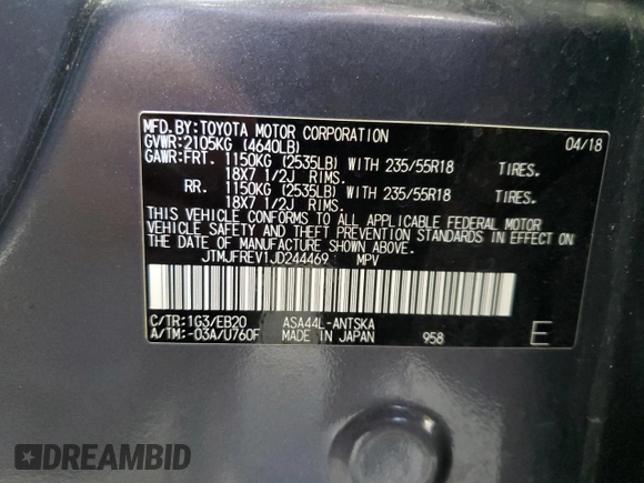 2018 Toyota RAV4 SE with VIN JTMJFREV1JD244469, listed as a Copart auction lot 62608485 with Not provided miles and Salvage title. Bid and sale history available at DreamBid. Image 13.
