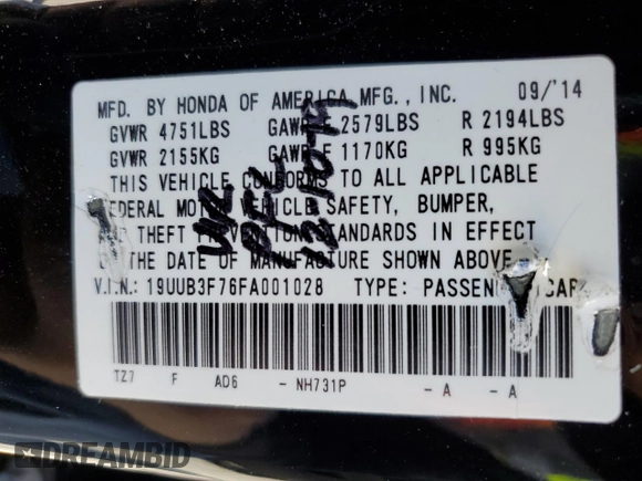 2015 Acura TLX Advance with VIN 19UUB3F76FA001028, listed as a Copart auction lot 55284625 with 110,674 mi miles and Salvage title. Bid and sale history available at DreamBid. Image 12.