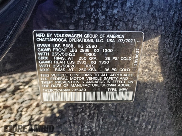 2021 Volkswagen Atlas SEL z VIN 1V2BC2CA5MC235030, wystawiony jako Copart lot #46378545 z przebiegiem 31 212 mil mil oraz Szkoda całkowita • Salvage title. Historia ofert i sprzedaży dostępna na DreamBid. Obrazek 15.