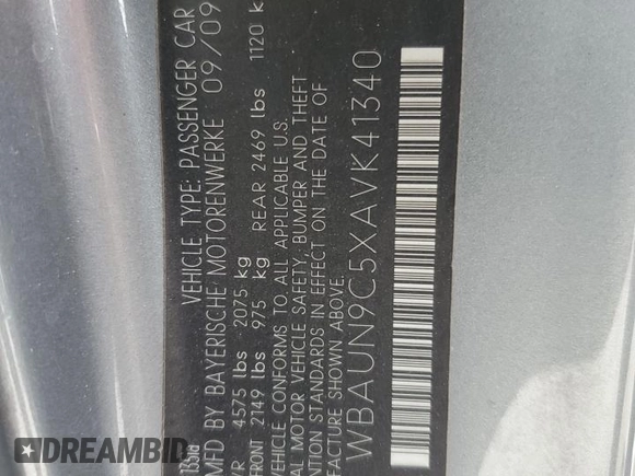 2010 BMW 1 Series 135i with VIN WBAUN9C5XAVK41340, listed as a Copart auction lot 52394575 with Not provided miles and Salvage title. Bid and sale history available at DreamBid. Image 13.