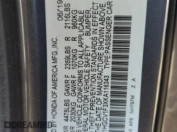 2019 Honda Accord Sport with VIN 1HGCV1F3XKA116343, listed as a Copart auction lot 52596185 with 44,187 mi miles and Salvage Title. Bid and sale history available at DreamBid. Image 12.