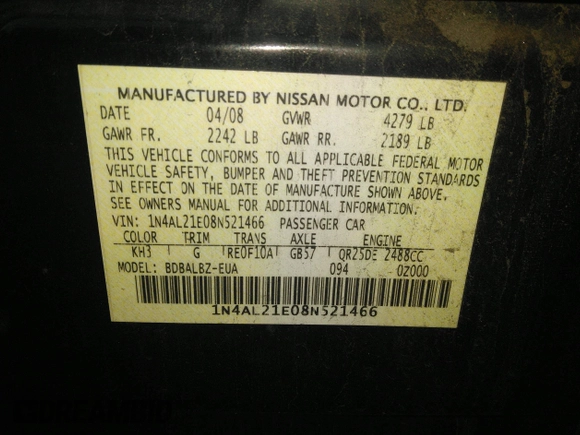 2008 Nissan Altima 2.5 SL with VIN 1N4AL21E08N521466, listed as a IAAI auction lot 37728310 with 229,305 mi miles. Bid and sale history available at carsss.com. Image 9.
