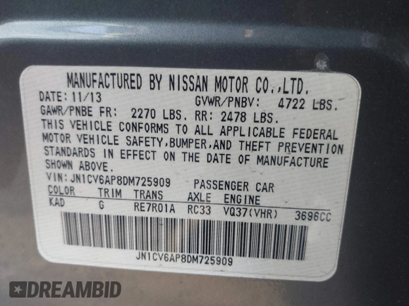 2013 Infiniti G37 Journey with VIN JN1CV6AP8DM725909, listed as a IAAI auction lot 42242649 with 89,583 mi miles and . Bid and sale history available at DreamBid. Image 9.