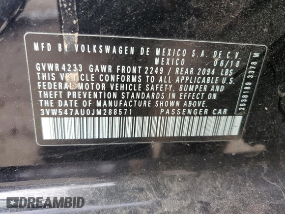 2018 Volkswagen GTI S z VIN 3VW547AU0JM288571, wystawiony jako Copart lot #68386882 z przebiegiem 60 703 mil mil oraz . Historia ofert i sprzedaży dostępna na DreamBid. Obrazek 12.