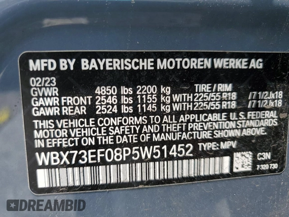 2023 BMW X1 xDrive28i with VIN WBX73EF08P5W51452, listed as a Copart auction lot 58420175 with 30,404 mi miles and Salvage title. Bid and sale history available at DreamBid. Image 13.