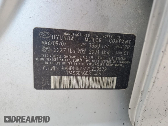 2007 Hyundai Elantra GLS z VIN KMHDU46D77U229572, wystawiony jako Copart lot #56008515 z przebiegiem 75 374 mil mil oraz Szkoda całkowita • Salvage title. Historia ofert i sprzedaży dostępna na DreamBid. Obrazek 12.