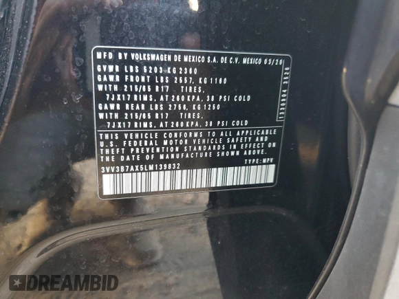 2020 Volkswagen Tiguan SE with VIN 3VV3B7AX5LM139832, listed as a Copart auction lot 47030415 with 70,894 mi miles and Salvage Title. Bid and sale history available at DreamBid. Image 12.
