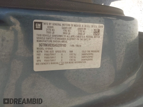 2010 GMC Sierra 1500 SLE z VIN 3GTRKVE35AG209183, wystawiony jako IAAI lot #42064516 z przebiegiem Nie podano mil oraz . Historia ofert i sprzedaży dostępna na DreamBid. Obrazek 9.