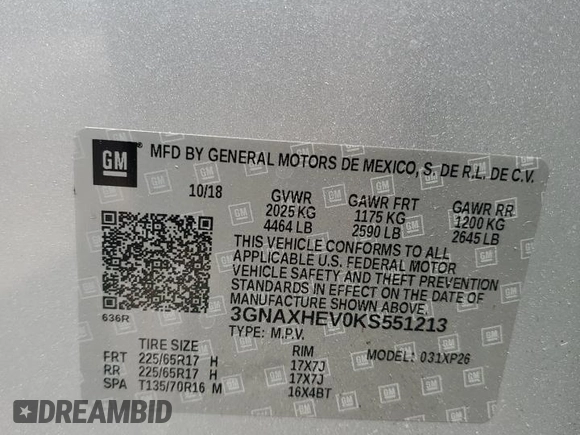 2019 Chevrolet Equinox LS z VIN 3GNAXHEV0KS551213, wystawiony jako Copart lot #55890995 z przebiegiem 86 527 mil mil oraz Nie do naprawy • Non repairable. Historia ofert i sprzedaży dostępna na DreamBid. Obrazek 13.