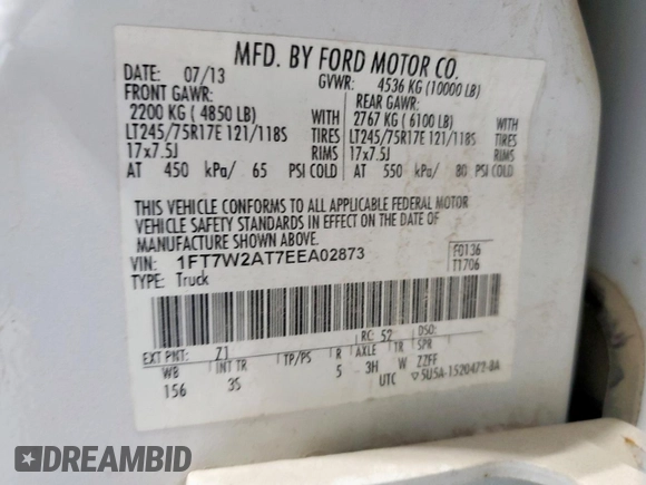 2014 Ford F-250 XL с VIN 1FT7W2AT7EEA02873, выставлен на аукционе Copart как лот 61681805 с пробегом 241 783 миль миль и Чистый • Clean title. История ставок и продаж доступна на DreamBid. Изображение 13.