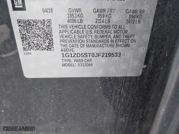 2018 Chevrolet Malibu LT with VIN 1G1ZD5ST0JF219533, listed as a IAAI auction lot 41680608 with 117,008 mi miles. Bid and sale history available at carsss.com. Image 9.
