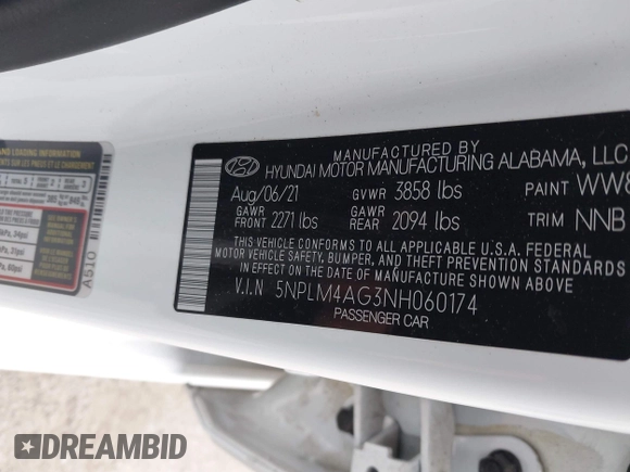 2022 Hyundai Elantra SEL with VIN 5NPLM4AG3NH060174, listed as a IAAI auction lot 41891250 with 24,326 mi miles and . Bid and sale history available at DreamBid. Image 9.