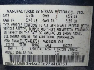 2007 Nissan Altima 2.5 with VIN 1N4AL21E77N414753, listed as a IAAI auction lot 41154515 with 182,798 mi miles. Bid and sale history available at carsss.com. Image 9.