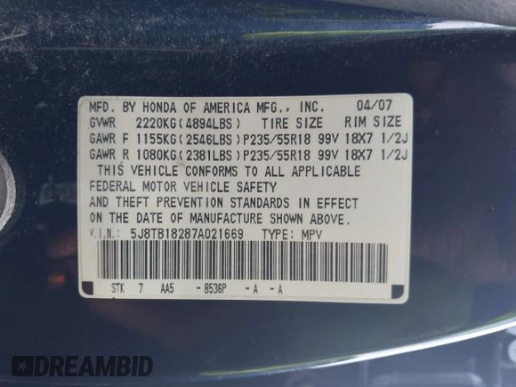 2007 Acura RDX with VIN 5J8TB18287A021669, listed as a IAAI auction lot 42470835 with 107,456 mi miles and . Bid and sale history available at DreamBid. Image 9.