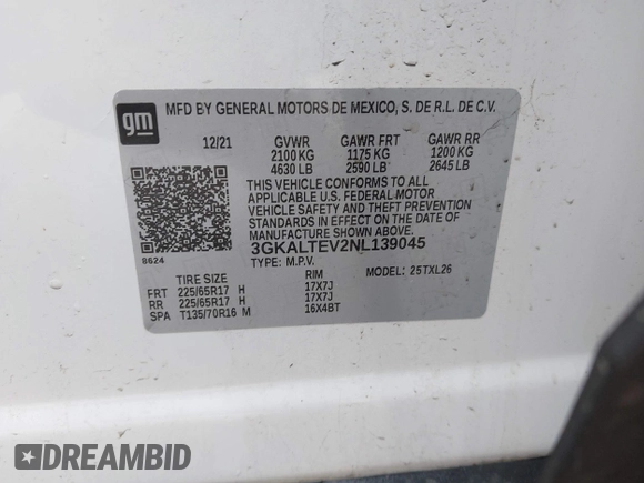 2022 GMC Terrain SLE with VIN 3GKALTEV2NL139045, listed as a IAAI auction lot 41974973 with 70,053 mi miles and . Bid and sale history available at DreamBid. Image 9.