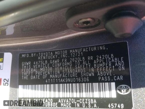 2022 Toyota Camry SE with VIN 4T1T11AK9NU016306, listed as a Copart auction lot 44449885 with 42,101 mi miles and Salvage Title. Bid and sale history available at DreamBid. Image 14.