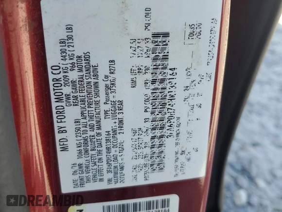 2017 Ford Fusion SE with VIN 3FA6P0H74HR138164, listed as a Copart auction lot 60105485 with 199,528 mi miles and Salvage title. Bid and sale history available at DreamBid. Image 12.