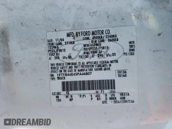 2005 Ford Ranger XLT with VIN 1FTYR44E45PA46807, listed as a Copart auction lot 79306634 with 125,792 mi miles and Salvage Title. Bid and sale history available at DreamBid. Image 12.
