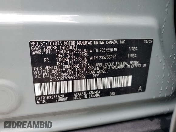 2022 Toyota RAV4 XLE Premium с VIN 2T3A1RFV2NW250559, выставлен на аукционе Copart как лот 60891935 с пробегом 18 669 миль миль и Списание • Salvage title. История ставок и продаж доступна на DreamBid. Изображение 12.