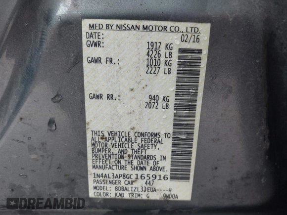 2016 Nissan Altima SV with VIN 1N4AL3AP8GC165916, listed as a IAAI auction lot 42035695 with 126,398 mi miles and . Bid and sale history available at DreamBid. Image 9.