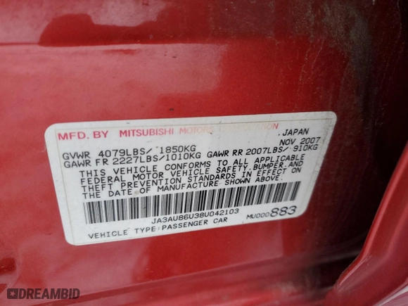 2008 Mitsubishi Lancer GTS with VIN JA3AU86U38U042103, listed as a Copart auction lot 45085705 with 226093 miles and Clean Title. Bid and sale history available at carsss.com. Image 12.