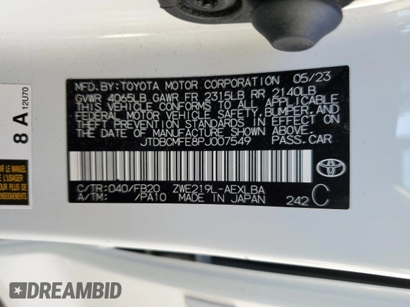 2023 Toyota Corolla Hybrid LE with VIN JTDBCMFE8PJ007549, listed as a Copart auction lot 47654805 with 0 mi miles and Salvage Title. Bid and sale history available at carsss.com. Image 12.