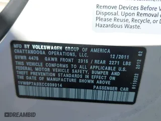 2012 Volkswagen Passat SE with VIN 1VWBP7A3XCC039314, listed as a IAAI auction lot 41741077 with 169,305 mi miles. Bid and sale history available at carsss.com. Image 9.
