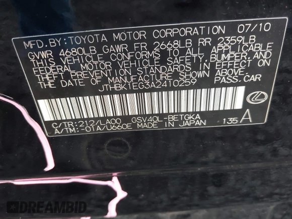 2010 Lexus ES 330 with VIN JTHBK1EG3A2410259, listed as a IAAI auction lot 41408397 with 59,198 mi miles and . Bid and sale history available at DreamBid. Image 9.