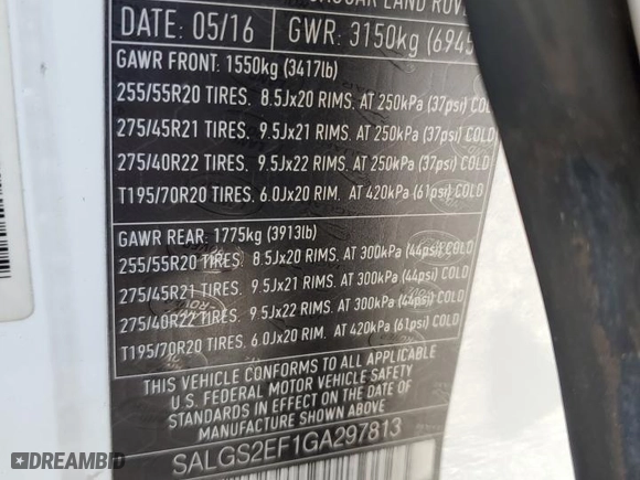 2016 Land Rover Range Rover Supercharged with VIN SALGS2EF1GA297813, listed as a Copart auction lot 46142375 with NaN miles and Clean Title. Bid and sale history available at carsss.com. Image 13.