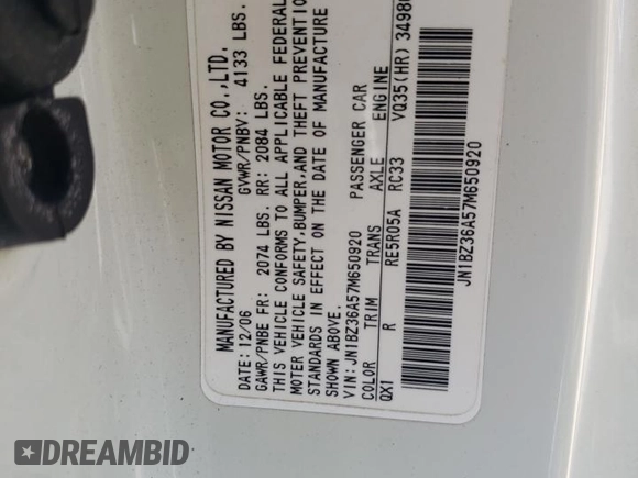 2007 Nissan 350Z Touring with VIN JN1BZ36A57M650920, listed as a Copart auction lot 61570834 with Not Provided miles and Salvage Title. Bid and sale history available at DreamBid. Image 12.