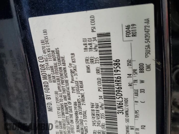 2017 Lincoln MKZ Select with VIN 3LN6L5D96HR619586, listed as a Copart auction lot 56116415 with 100,790 mi miles and Salvage title. Bid and sale history available at DreamBid. Image 12.