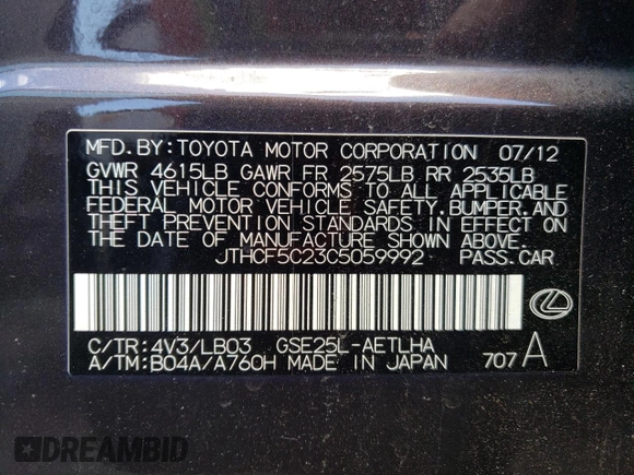 2012 Lexus IS 250 with VIN JTHCF5C23C5059992, listed as a Copart auction lot 55779635 with 182,529 mi miles and Salvage Title. Bid and sale history available at DreamBid. Image 13.