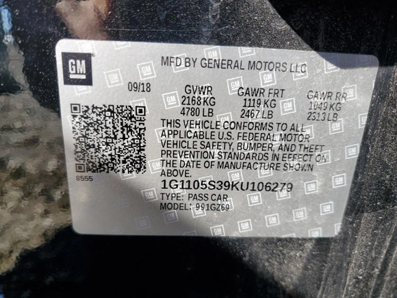 2019 Chevrolet Impala Premier with VIN 1G1105S39KU106279, listed as a Copart auction lot 48341745 with 87,547 mi miles and Salvage Title. Bid and sale history available at carsss.com. Image 12.