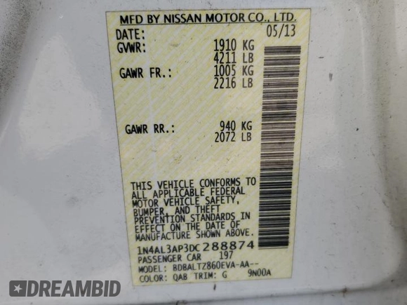 2013 Nissan Altima S with VIN 1N4AL3AP3DC288874, listed as a Copart auction lot 52706515 with Not Provided miles and Clean Title. Bid and sale history available at carsss.com. Image 12.