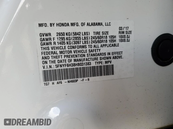 2017 Honda Pilot EX with VIN 5FNYF6H38HB031383, listed as a Copart auction lot 45213375 with 91,290 mi miles and Salvage Title. Bid and sale history available at DreamBid. Image 15.