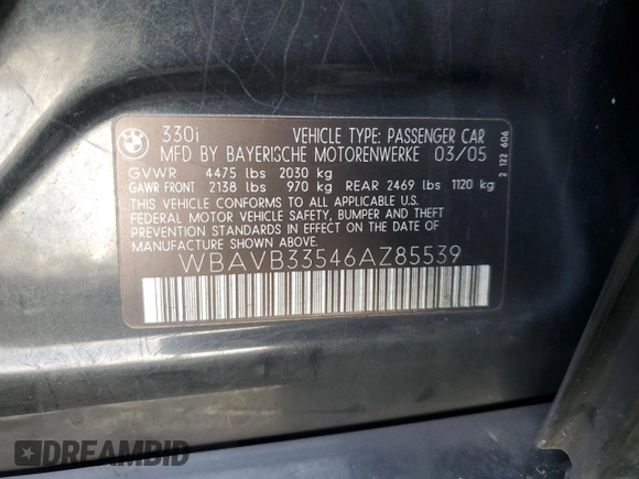 2006 BMW 3 Series 330i with VIN WBAVB33546AZ85539, listed as a Copart auction lot 43330385 with 201,132 mi miles and Salvage Title. Bid and sale history available at DreamBid. Image 12.