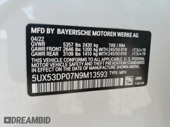 2022 BMW X3 xDrive30i with VIN 5UX53DP07N9M13593, listed as a Copart auction lot 82590314 with Not Provided miles and Salvage Title. Bid and sale history available at DreamBid. Image 13.