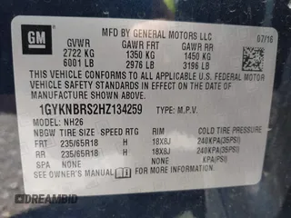 2017 Cadillac XT5 Luxury FWD with VIN 1GYKNBRS2HZ134259, listed as a IAAI auction lot 39416446 with 87,917 mi miles. Bid and sale history available at carsss.com. Image 9.