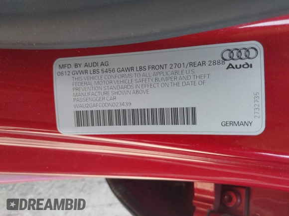 2013 Audi A7 Prestige with VIN WAU2GAFC0DN023439, listed as a IAAI auction lot 42605597 with 173,364 mi miles and . Bid and sale history available at DreamBid. Image 9.