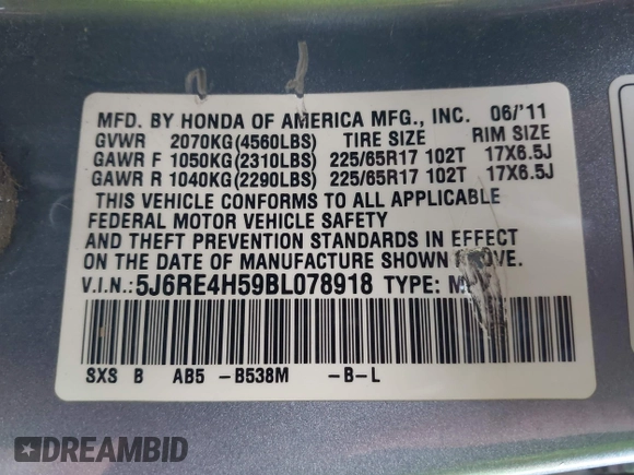 2011 Honda CR-V EX with VIN 5J6RE4H59BL078918, listed as a IAAI auction lot 41951267 with 199,530 mi miles and . Bid and sale history available at carsss.com. Image 9.